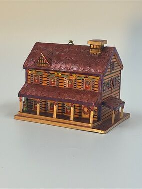 Vintage Christmas Hand Decorated StrawWooden House Enesco Ornament